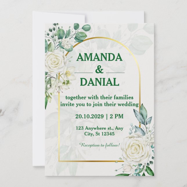 Convite de Casamento Floral de Rosa Branca Arco Do (Frente)