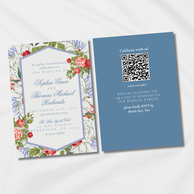 Convite De Casamento Floral De Script Cursivo Eleg (Set the tone for a timeless celebration with this Romantic Red & Blue Floral Wedding Invitation!)
