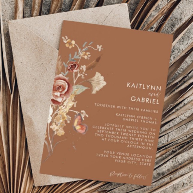 Convite de Casamento Floral de Terracota com Aquar (Criador carregado)