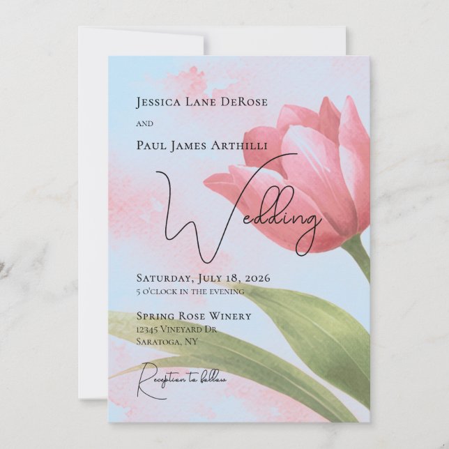 Convite de Casamento Floral de Tulipa Aquarela (Frente)
