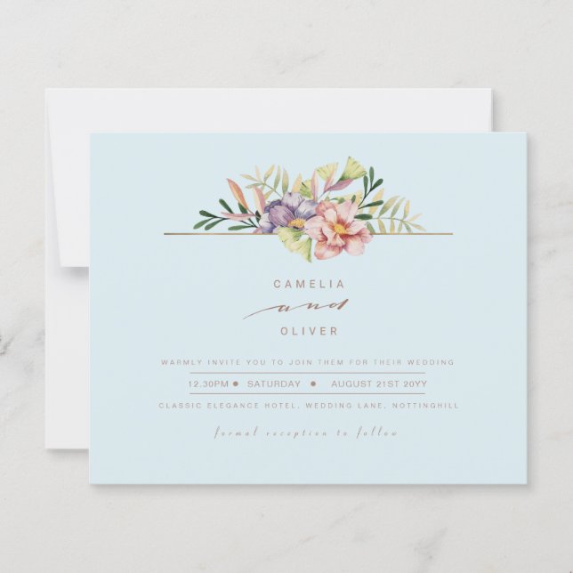 Convite de Casamento Floral de Verão Azul Celeste  (Frente)