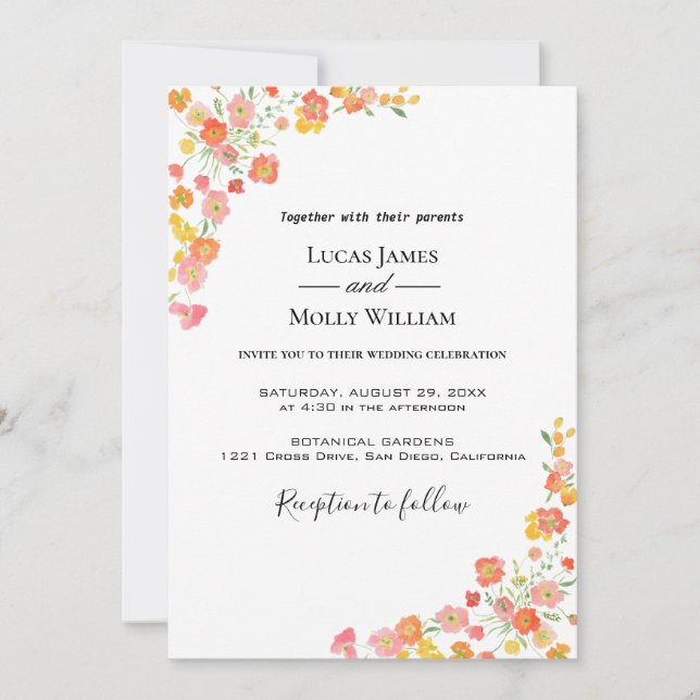 Convite de Casamento Floral de Verão Rosa e Laranj (Frente)