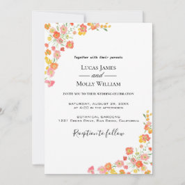 Convite de Casamento Floral de Verão Rosa e Laranj