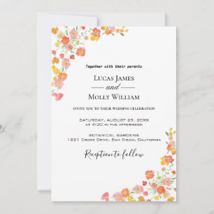 Convite de Casamento Floral de Verão Rosa e Laranj