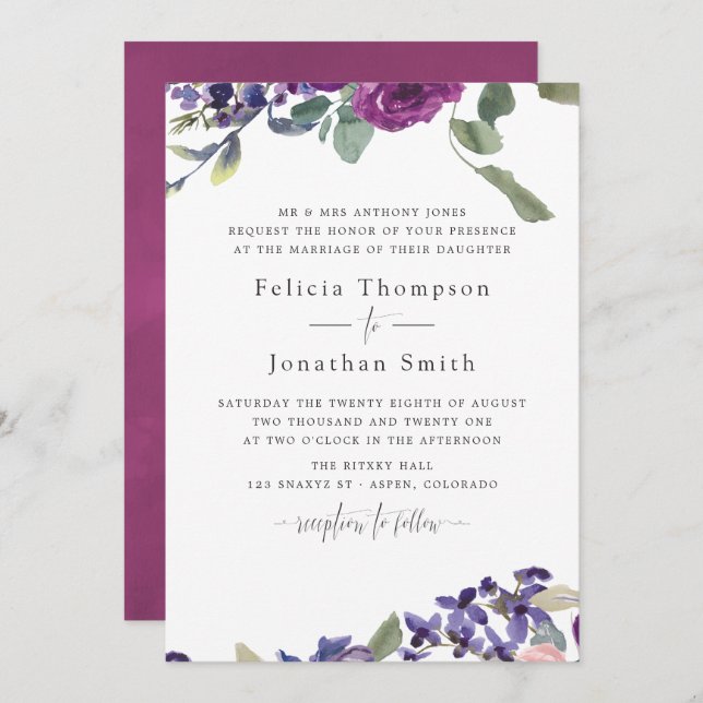 Convite de Casamento Floral de Violet e Plum (Frente/Verso)