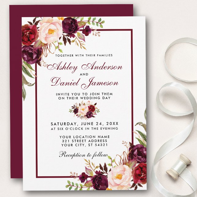 Convite De Casamento Floral De Watercolor Burgundy (Customize to change text color, style, add text & photos to back or change color of back of card.)