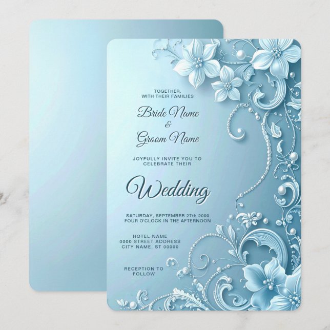 Convite de Casamento Floral Decorativo Azul (Frente/Verso)
