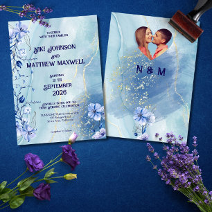 Convite de Casamento Floral Delphinium Azul Marinh