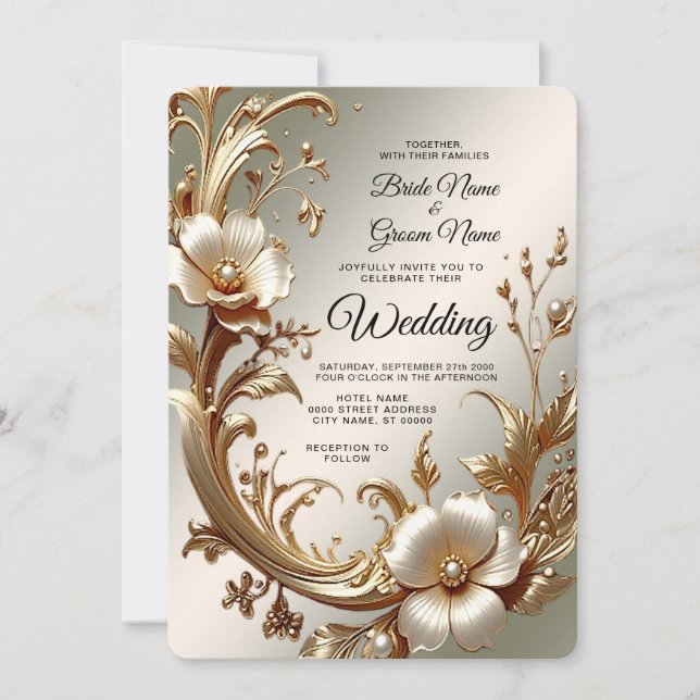 Convite de Casamento Floral Dourado (Frente)