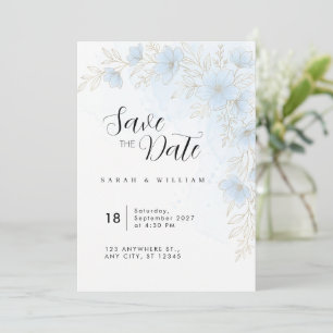 Convite de Casamento Floral Dourado Azul Claro