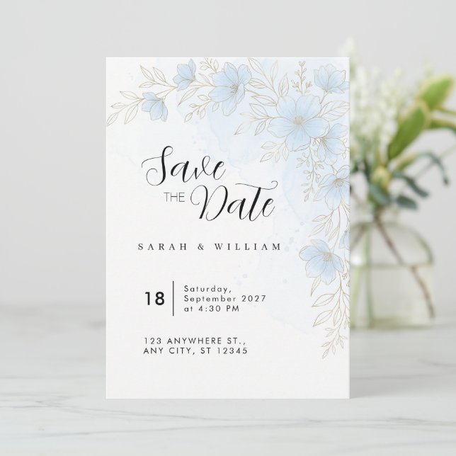 Convite de Casamento Floral Dourado Azul Claro (Em pé/Frente)