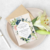 Convite de Casamento floral dourado azul magnífico