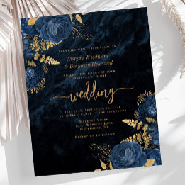 Convite de Casamento Floral Dourado Azul Marinho E