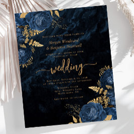 Convite de Casamento Floral Dourado Azul Marinho E