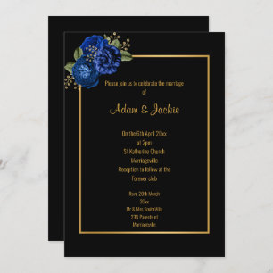 CONVITE DE CASAMENTO FLORAL DOURADO AZUL ROYAL