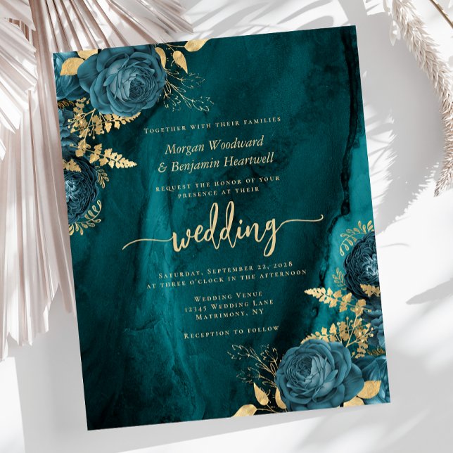 Convite de casamento Floral Dourado Azul Teal (Criador carregado)