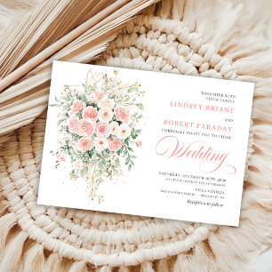 Convite de Casamento Floral Dourado Boêmio Rubor
