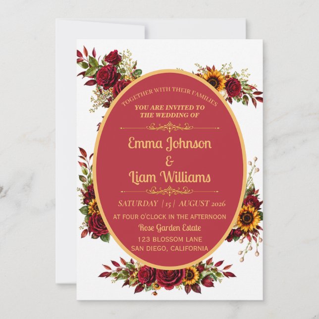 Convite de Casamento Floral Dourado Borgonha (Frente)