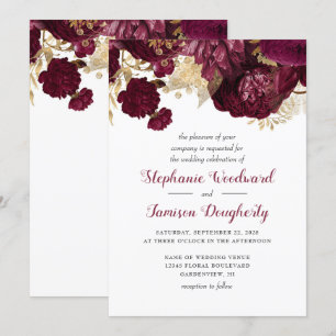 Convite de Casamento Floral Dourado Borgonha