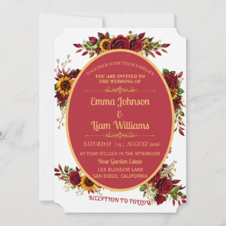 Convite de Casamento Floral Dourado Borgonha