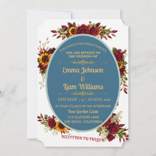 Convite de Casamento Floral Dourado Borgonha
