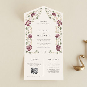 Convite de Casamento Floral Dourado Borgonha Tudo