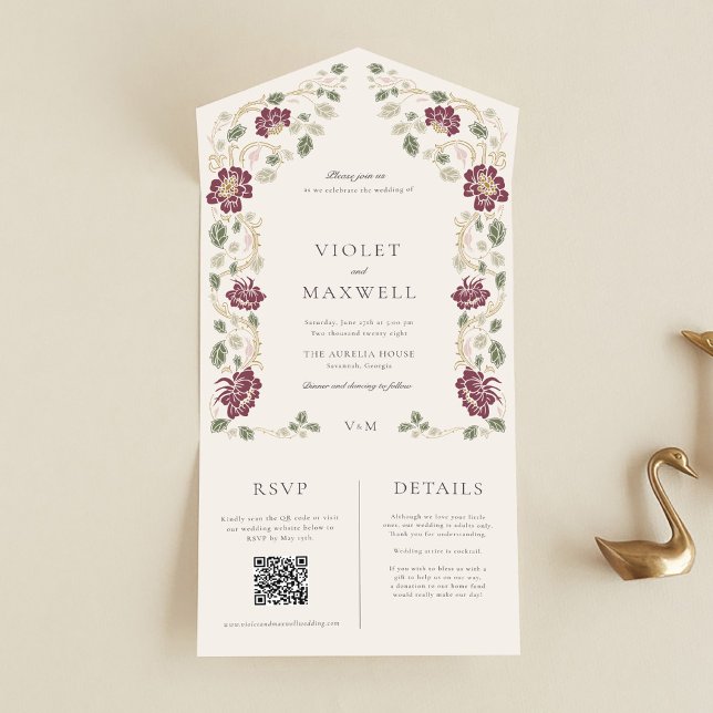 Convite de Casamento Floral Dourado Borgonha Tudo  (Burgundy Floral Art Nouveau All in One Wedding Invitation, Details and RSVP Card)