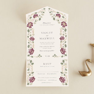Convite de Casamento Floral Dourado Borgonha Tudo