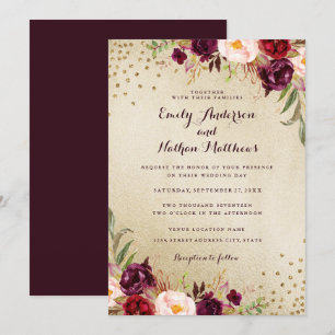 Convite de Casamento Floral Dourado Burgundy Confe