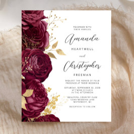 Convite de Casamento Floral Dourado Burgundy Orçam