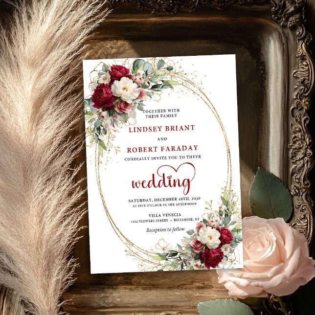 Convite de Casamento Floral Dourado Clássico em Bo (Classic Burgundy Floral Gold Wedding Invitation)