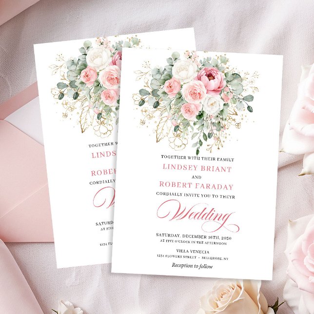 Convite de Casamento Floral Dourado com Peônias Cl (Classic Blush Peonies Gold Floral Wedding Invitation)