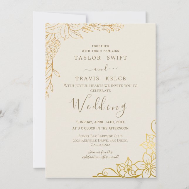 Convite de Casamento Floral Dourado Creme e Dourad (Frente)