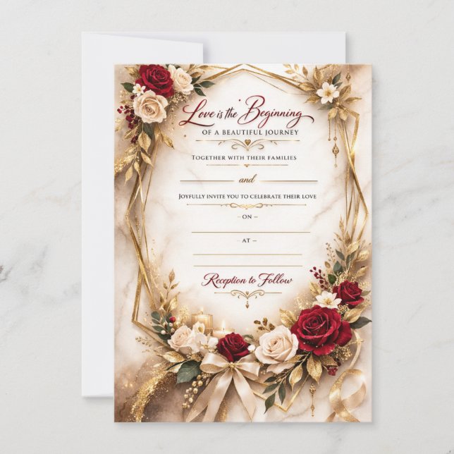 Convite de Casamento Floral Dourado de Luxo (Frente)