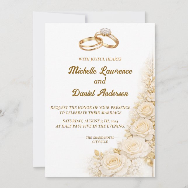 Convite de Casamento Floral Dourado Elegante (Frente)
