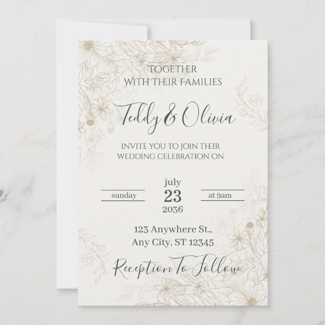 Convite de Casamento Floral Dourado Elegante (Frente)