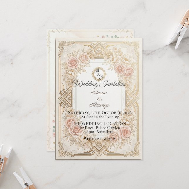 Convite de Casamento Floral Dourado Elegante | Edi (Frente/Verso In Situ)