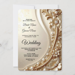 Convite de Casamento Floral Dourado Elegante Ornad