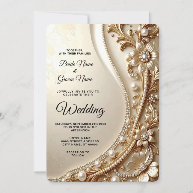 Convite de Casamento Floral Dourado Elegante Ornad (Frente)