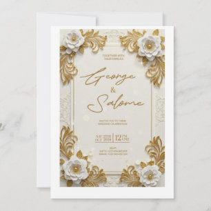 Convite de Casamento Floral Dourado Luxuoso Elegan