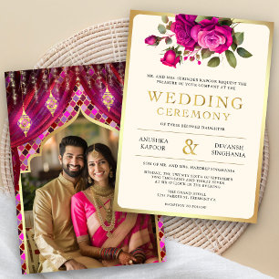 Convite de Casamento Floral Dourado Magenta Indian