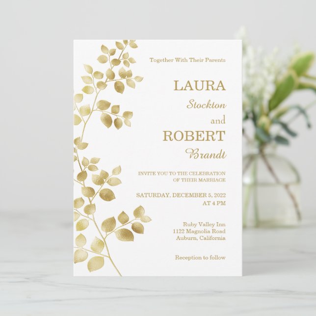 Convite de Casamento Floral Dourado Moderno (Em pé/Frente)