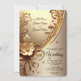 Convite de Casamento Floral Dourado Ornamentado
