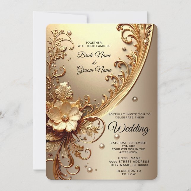 Convite de Casamento Floral Dourado Ornamentado (Frente)