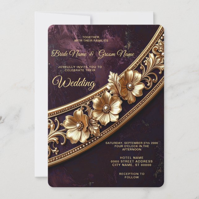 Convite de Casamento Floral Dourado Ornamentado (Frente)