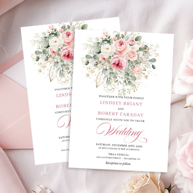 Convite de Casamento Floral Dourado Peônia Blush C (Chic Blush Peony Gold Floral Wedding Invitation)