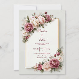 Convite de Casamento Floral Dourado Peônia Rosa Em