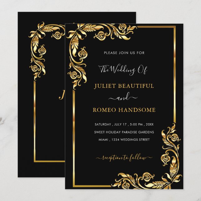 Convite de Casamento Floral Dourado Preto e Dourad (Frente/Verso)