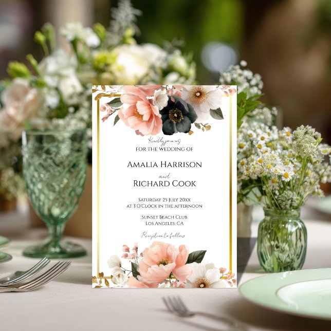 Convite de Casamento Floral Dourado Preto Personal (Criador carregado)