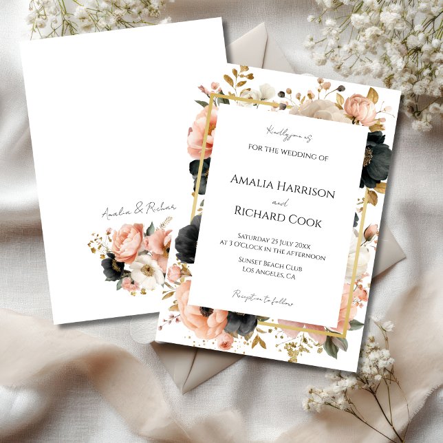 Convite de Casamento Floral Dourado Preto Personal (Criador carregado)